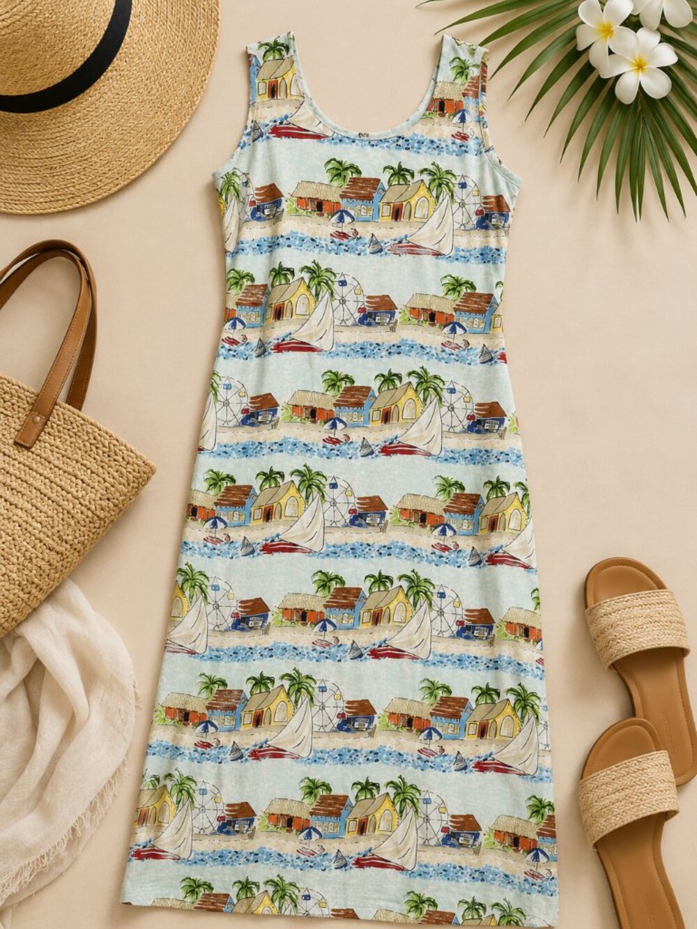 Vintage Weekend Clothes Line Tropical Island Print Rayon Maxi Dress XL